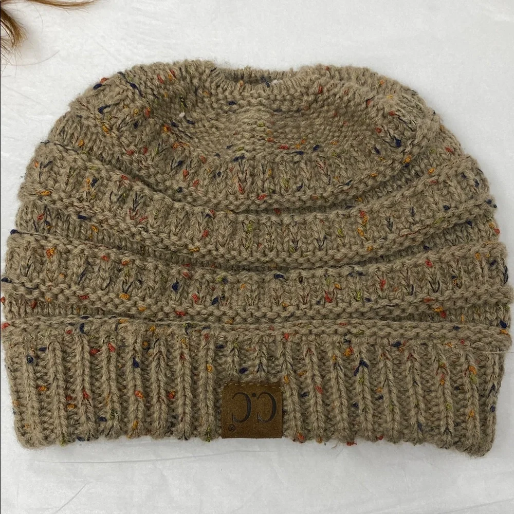 C.C Messy Bun Beanie Tail Chunky Knit Stretch Confetti Ponytail Beanie